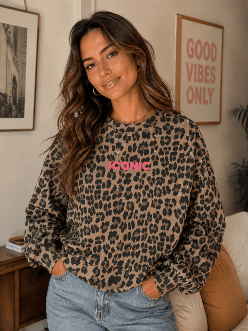 Sweat léopard inscription Iconic fond taupe